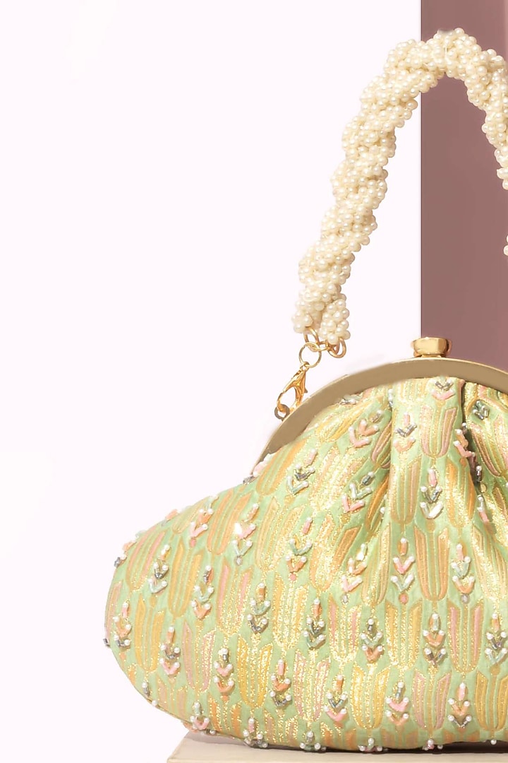 Green Pure Banarasi Silk Embroidered Vintage Purse by AMYRA at Pernia's Pop Up Shop