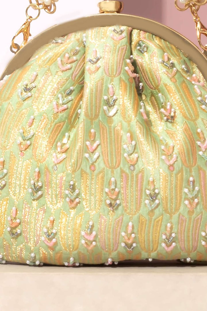 Green Pure Banarasi Silk Embroidered Vintage Purse by AMYRA at Pernia's Pop Up Shop