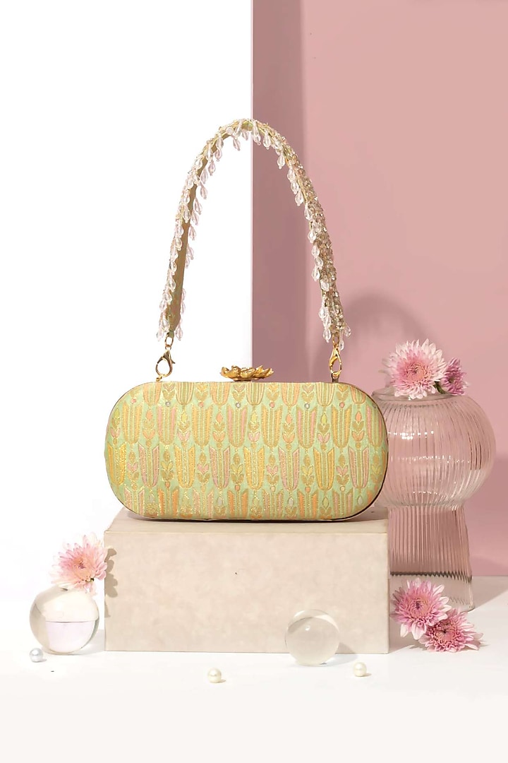 Green Pure Banarasi Silk Clutch by AMYRA at Pernia's Pop Up Shop