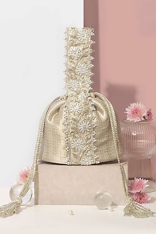 Silver Banarasi Hand Embroidered Bucket Bag by AMYRA