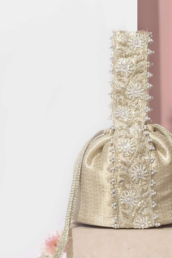 Silver Banarasi Hand Embroidered Bucket Bag by AMYRA at Pernia's Pop Up Shop