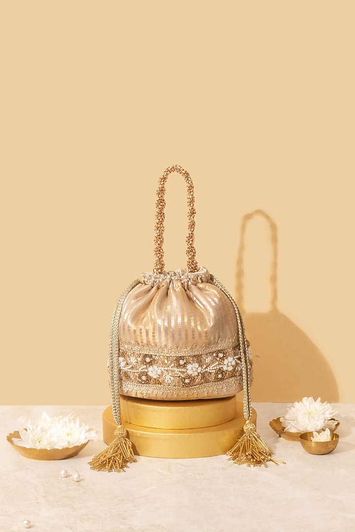 Gold Tissue Silk Pearl Embroidered Bucket Bag by AMYRA at Pernia's Pop Up Shop