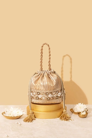 Gold Tissue Silk Pearl Embroidered Bucket Bag by AMYRA