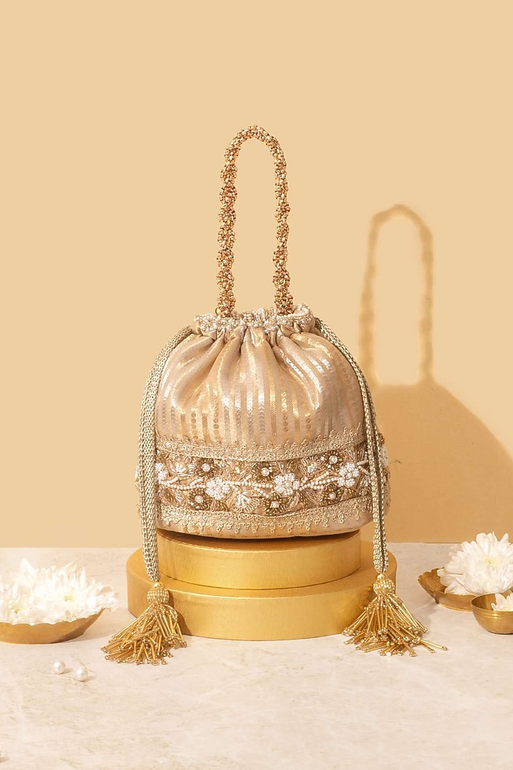 Gold Tissue Silk Pearl Embroidered Bucket Bag by AMYRA at Pernia's Pop Up Shop