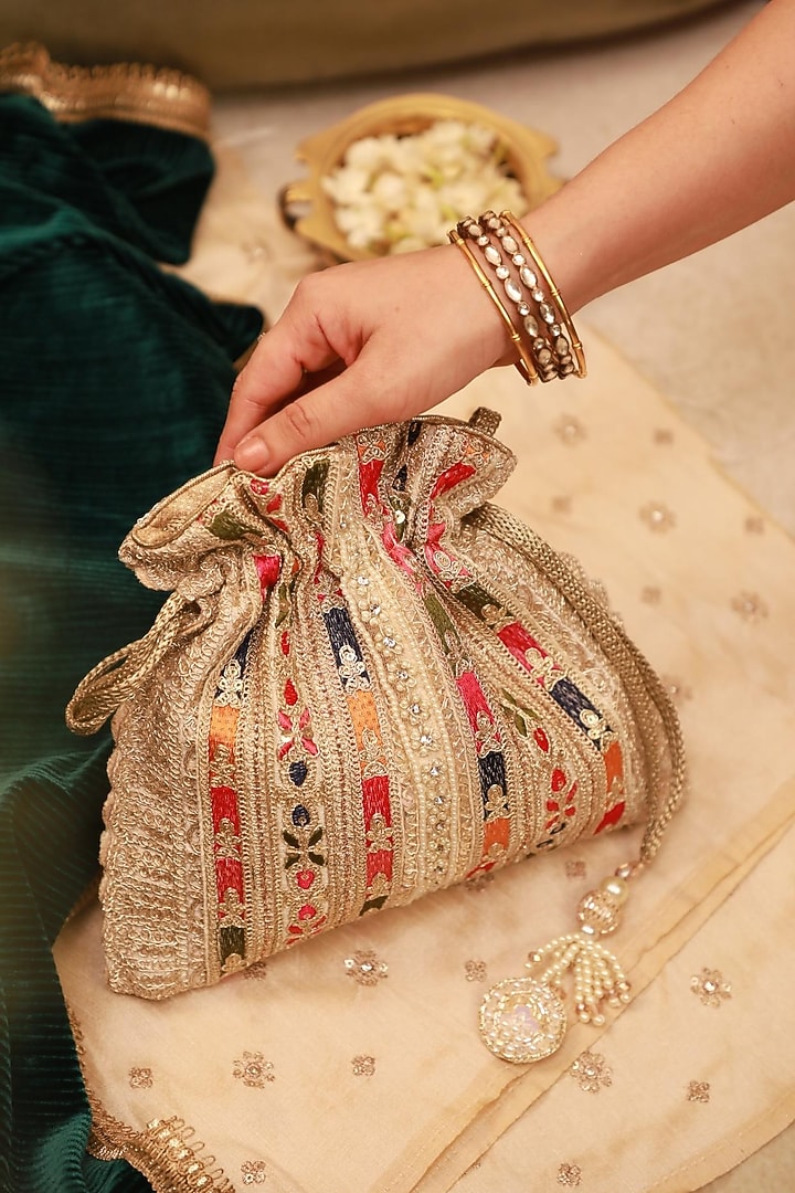 Multi-Colored Poly Silk Embroidered Potli by AMYRA at Pernia's Pop Up Shop