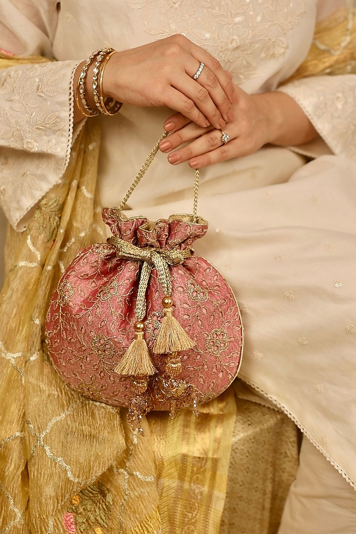 Pink Tissue Cutwork & Zari Thread Embroidered Potli by AMYRA at Pernia's Pop Up Shop