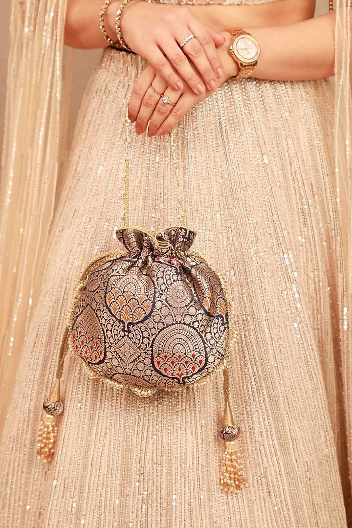 Navy Pure Tussar Silk Potli by AMYRA at Pernia's Pop Up Shop