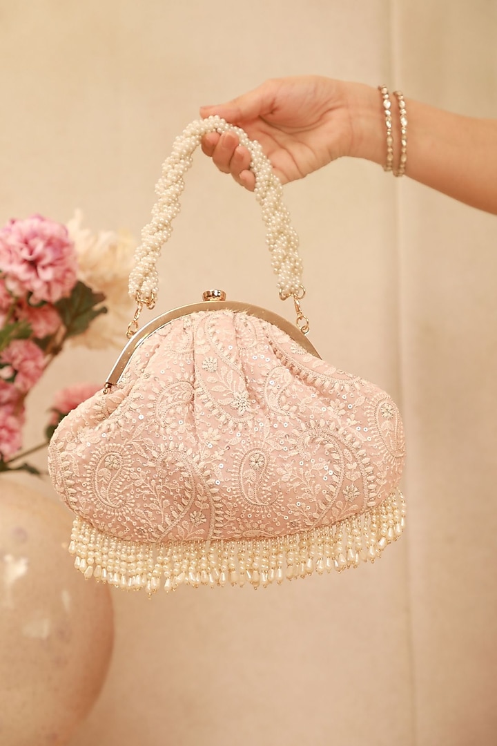 Peach Georgette Thread Embroidered Purse by AMYRA at Pernia's Pop Up Shop