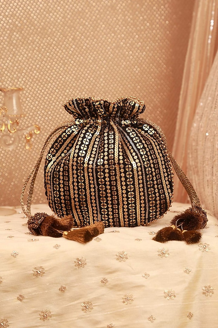 Black & Gold Net Embroidered Potli by AMYRA at Pernia's Pop Up Shop