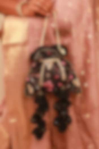 Black Pure Tussar Silk Thread Embroidered Potli by AMYRA at Pernia's Pop Up Shop