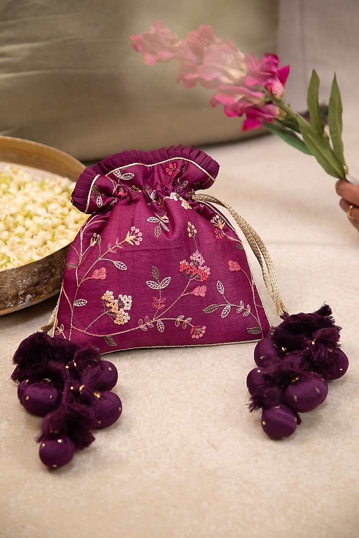 Purple Pure Tussar Silk Thread Embroidered Potli by AMYRA at Pernia's Pop Up Shop