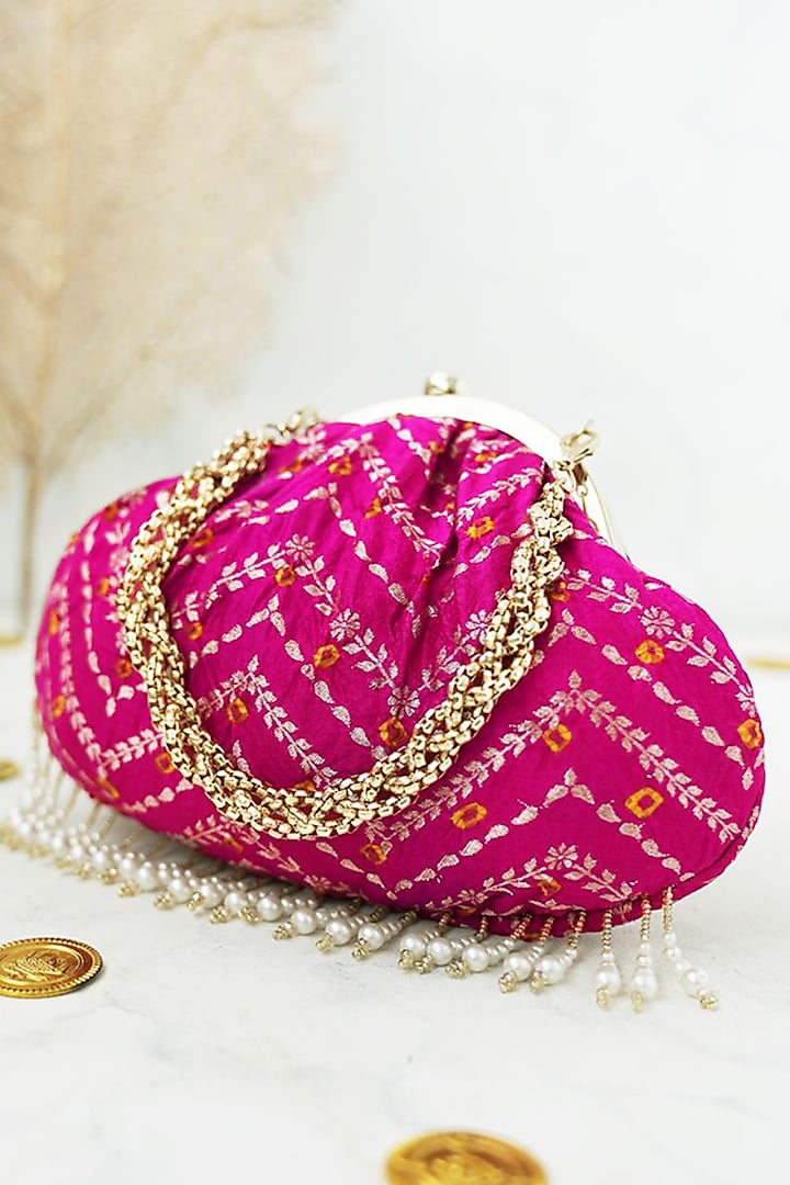 Pink Bandhani Pure Silk Embellished Purse by AMYRA at Pernia's Pop Up Shop