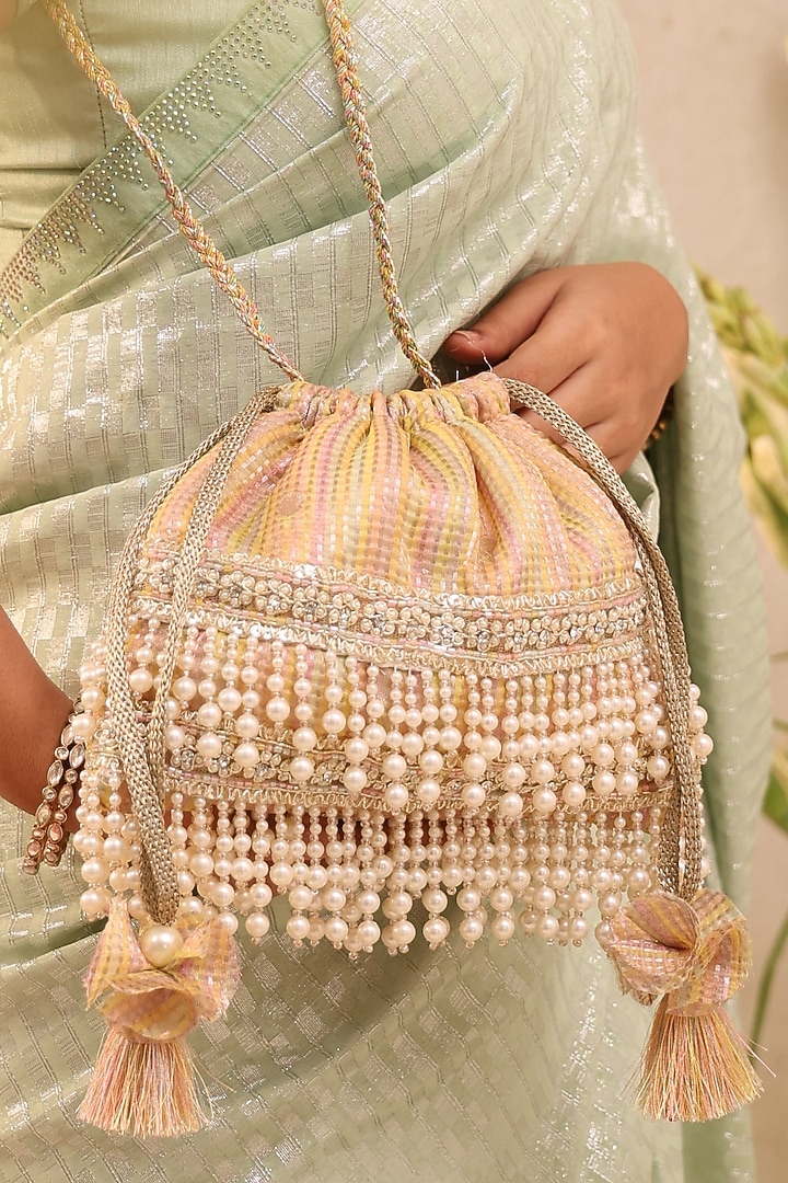 Multi-Colored Organza Tissue Pearl Tassels Embroidered Potli Bag by AMYRA at Pernia's Pop Up Shop