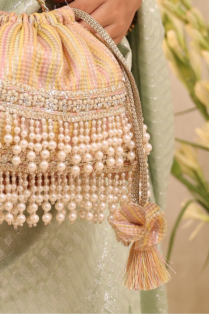 Multi-Colored Organza Tissue Pearl Tassels Embroidered Potli Bag by AMYRA at Pernia's Pop Up Shop