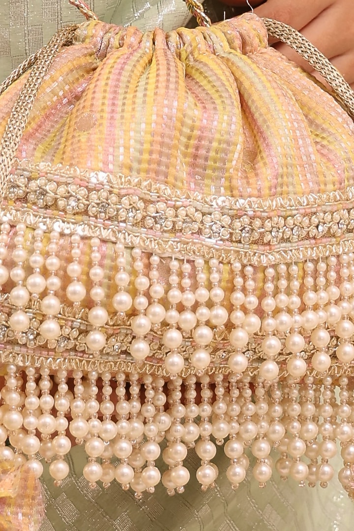 Multi-Colored Organza Tissue Pearl Tassels Embroidered Potli Bag by AMYRA at Pernia's Pop Up Shop