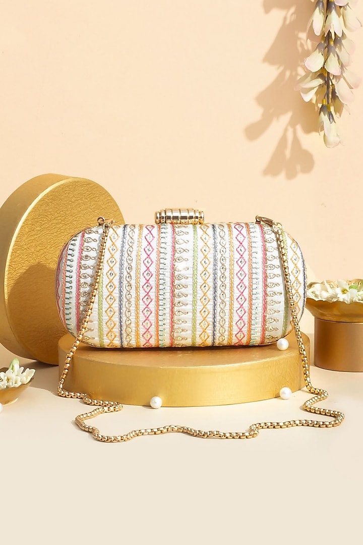 Off-White Georgette Golden Embroidered Clutch Bag by AMYRA at Pernia's Pop Up Shop