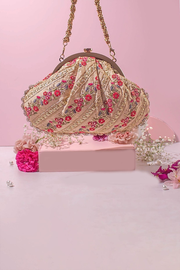 Beige Poly Silk Scalloped Lace Embroidered Vintage Purse by AMYRA at Pernia's Pop Up Shop