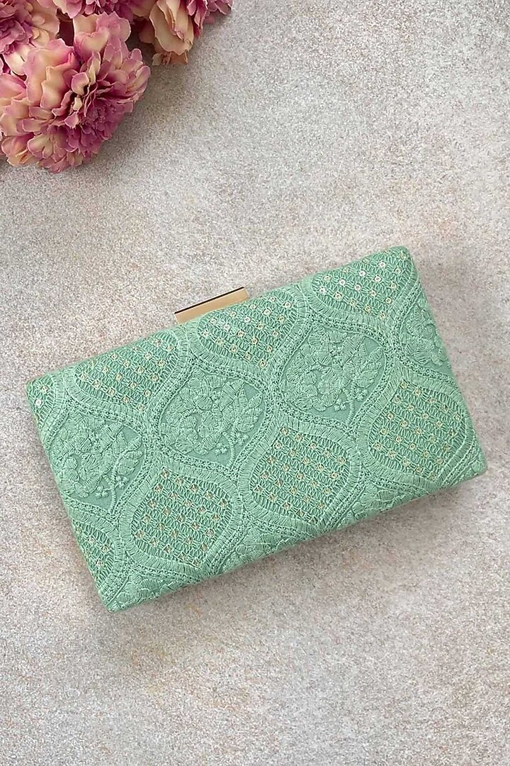 Aqua Marine Georgette Sequins Embroidered Clutch Bag by AMYRA at Pernia's Pop Up Shop