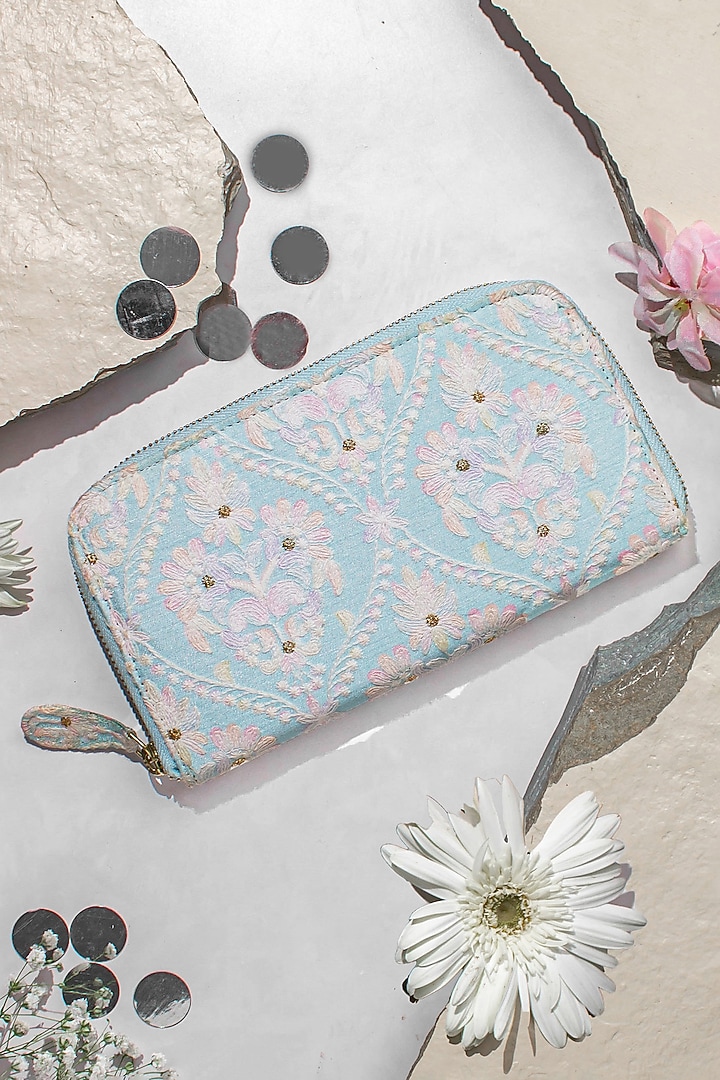 Baby Blue Silk Embroidered Wallet by AMYRA at Pernia's Pop Up Shop