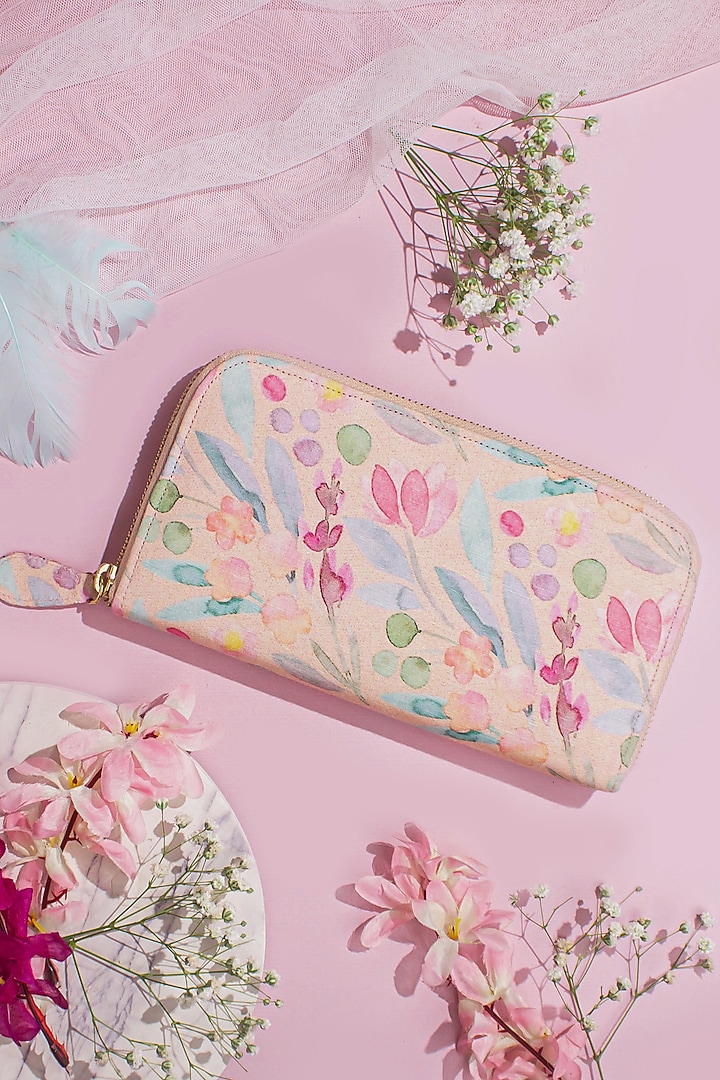 Peach Silk Embroidered Wallet by AMYRA at Pernia's Pop Up Shop