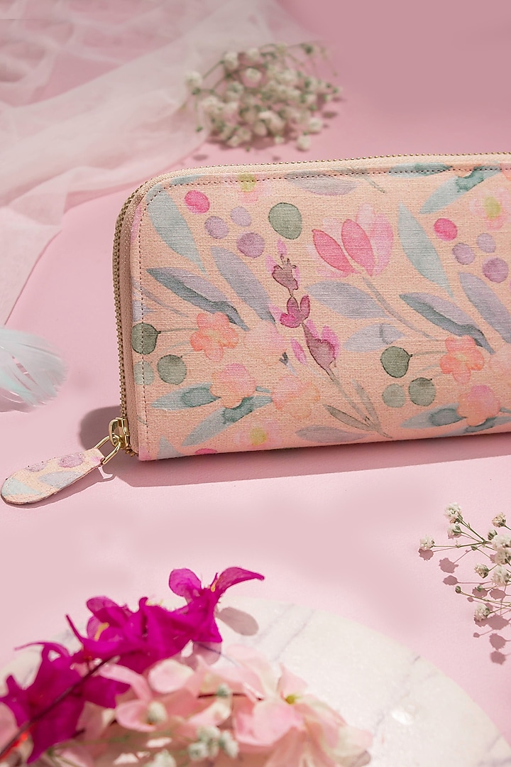 Peach Silk Embroidered Wallet by AMYRA at Pernia's Pop Up Shop