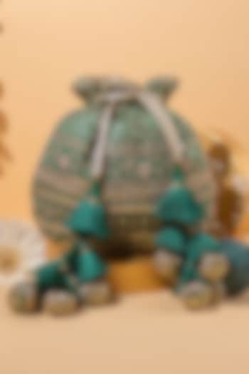 Green Silk Embroidered Potli by AMYRA at Pernia's Pop Up Shop