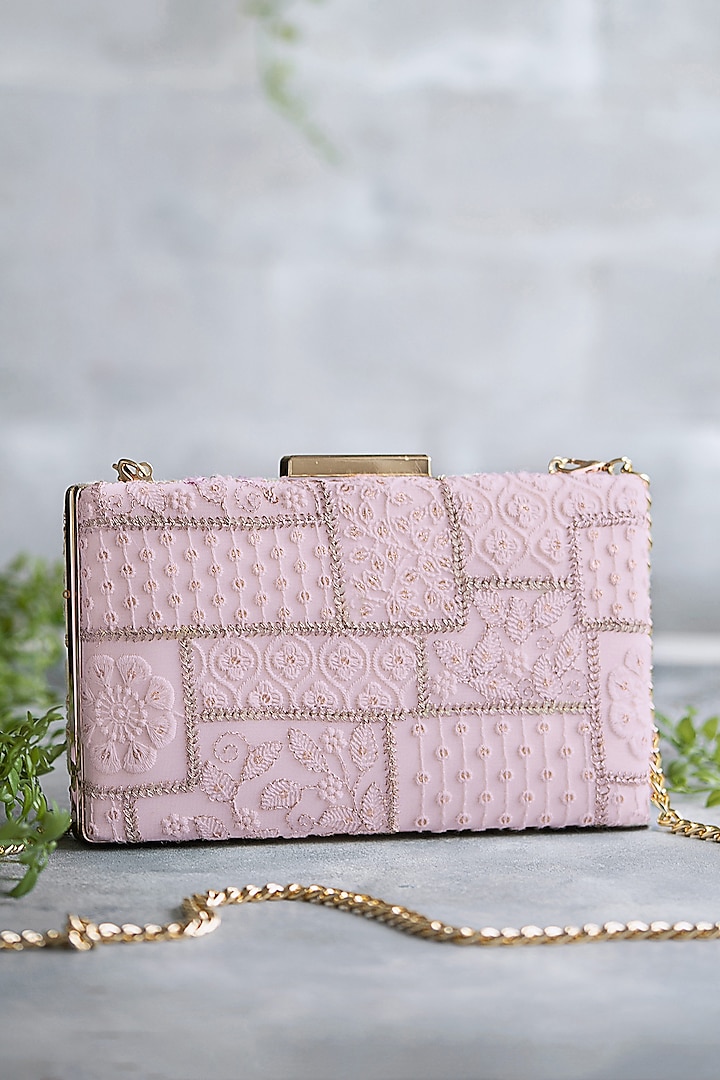 Baby Pink Georgette Embroidered Clutch by AMYRA