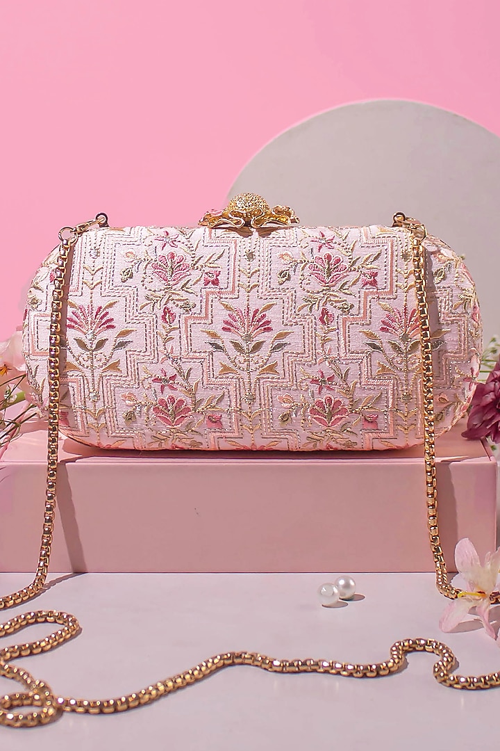 Baby Pink Silk Embroidered Clutch by AMYRA