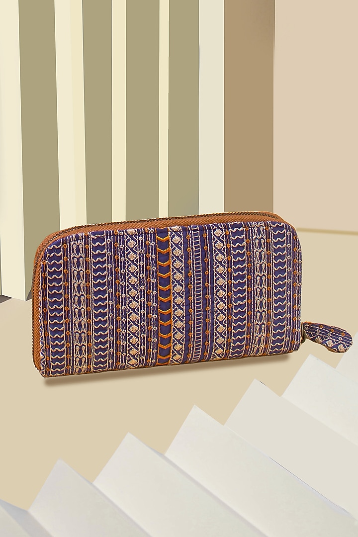 Navy Silk Embroidered Wallet by AMYRA at Pernia's Pop Up Shop