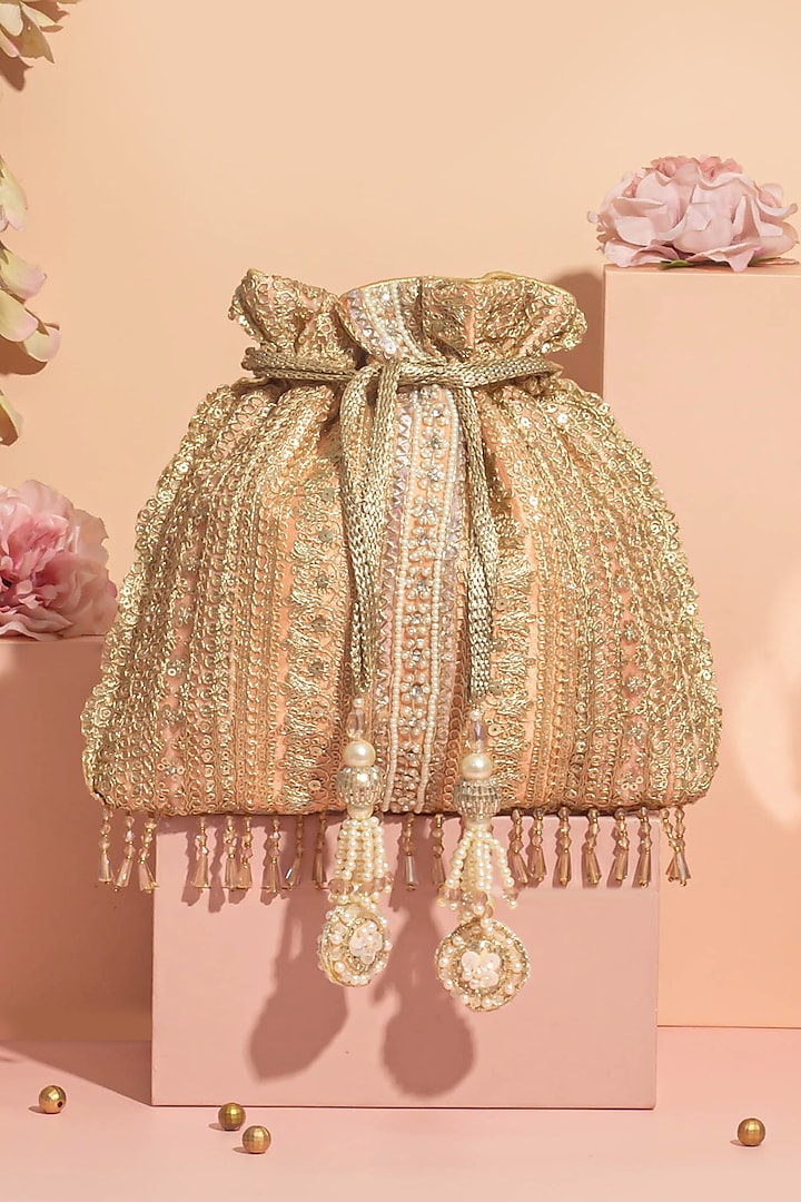 Peach Poly Silk Pearl Embroidered Potli Bag by AMYRA at Pernia's Pop Up Shop