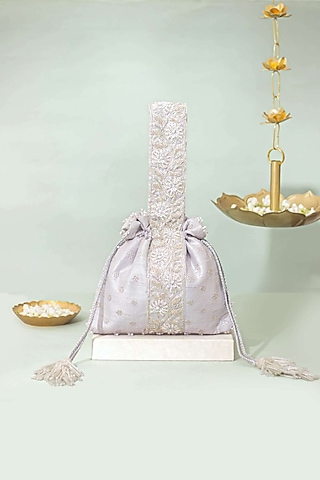 Silver Silk Lace Embroidered Potli by AMYRA