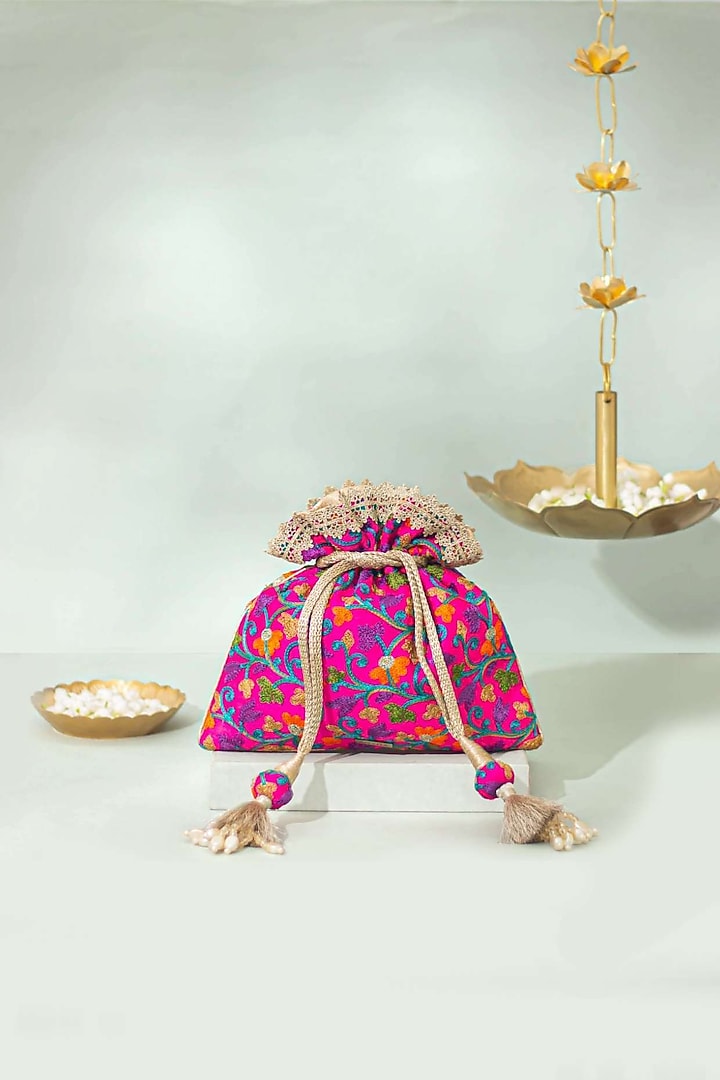 Pink Poly Silk Thread Embroidered Potli by AMYRA at Pernia's Pop Up Shop