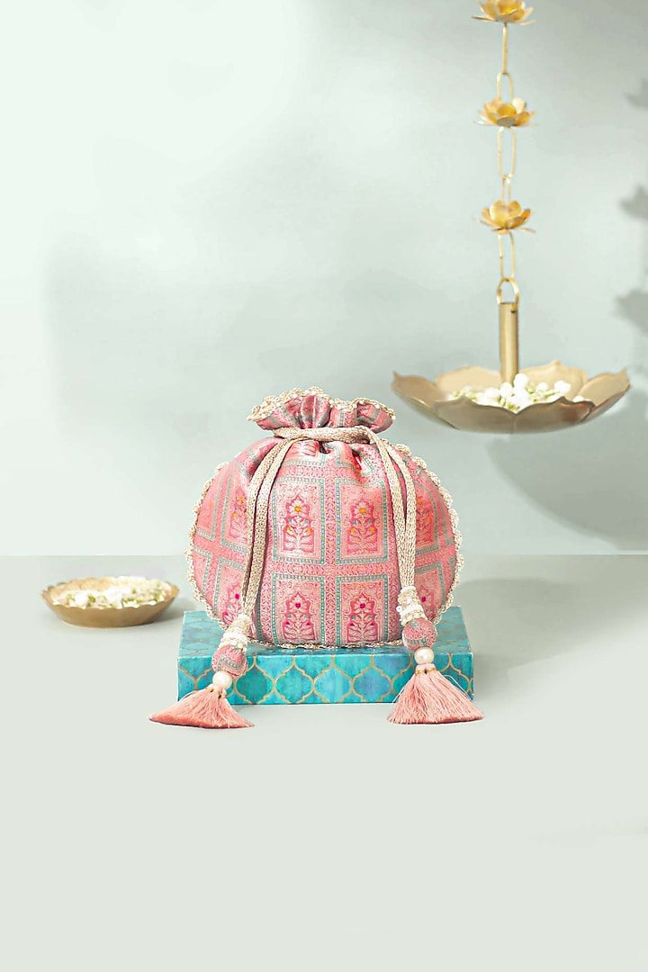Dusty Pink Pure Banarasi Silk Pearl Embellished Potli by AMYRA at Pernia's Pop Up Shop