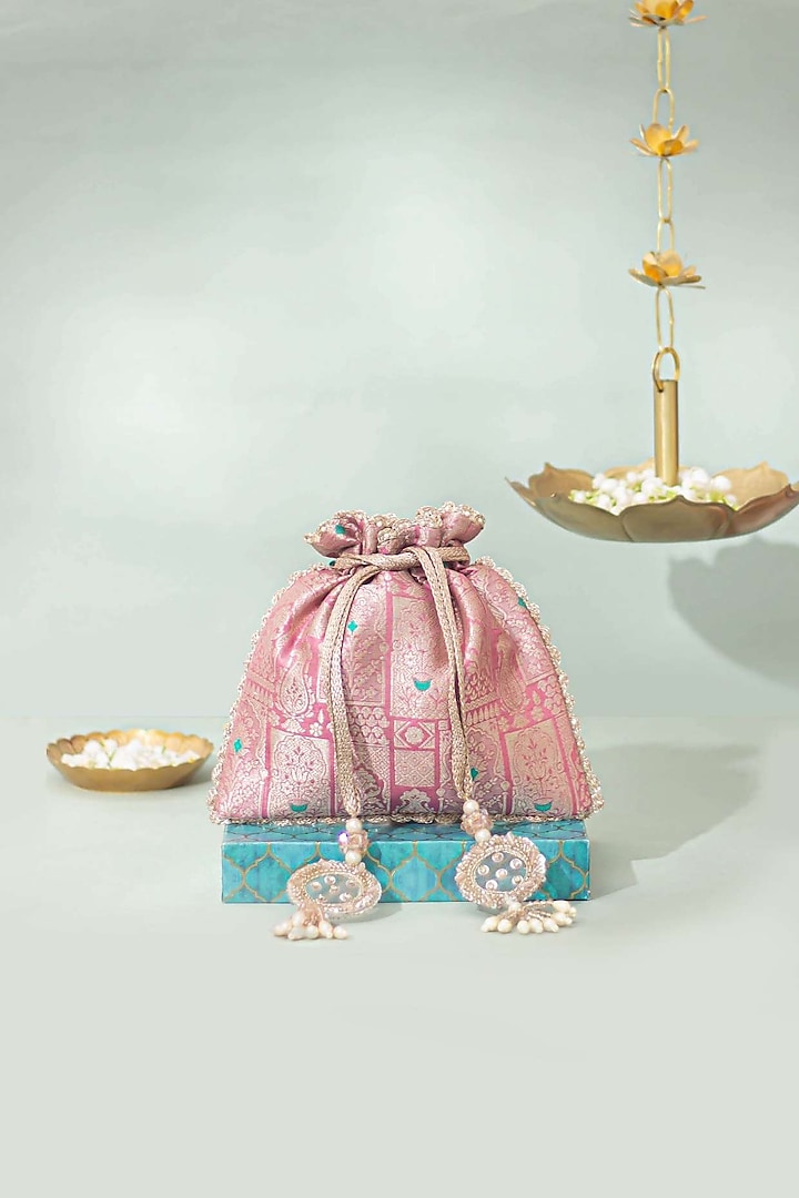 Pink Pure Banarasi Silk Potli by AMYRA at Pernia's Pop Up Shop