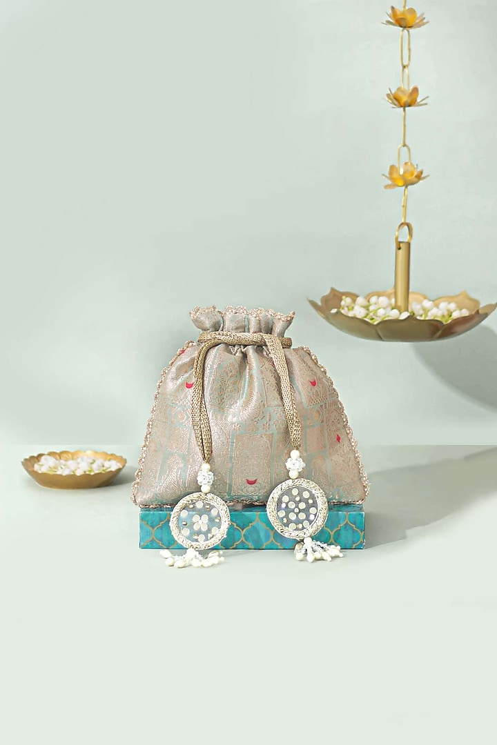 Ice Blue Pure Banarasi Silk Potli by AMYRA at Pernia's Pop Up Shop