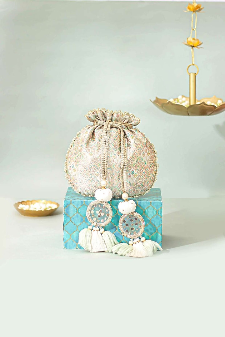 Multi-Colored Pure Banarasi Silk Pearl Embellished Potli by AMYRA at Pernia's Pop Up Shop