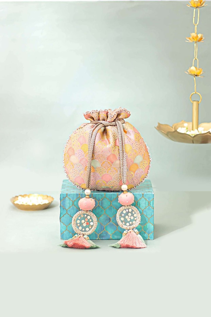 Multi-Colored Pure Banarasi Silk Pearl Embellished Potli by AMYRA at Pernia's Pop Up Shop