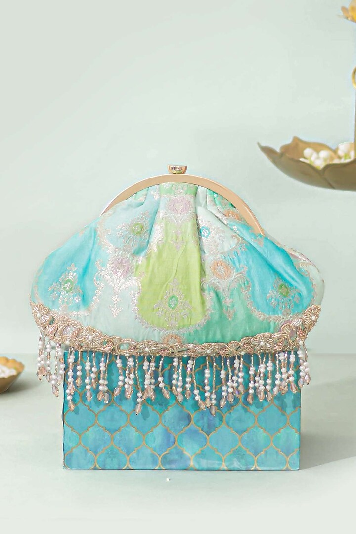 Blue Banarasi Silk Floral Handwork Vintage Purse by AMYRA at Pernia's Pop Up Shop