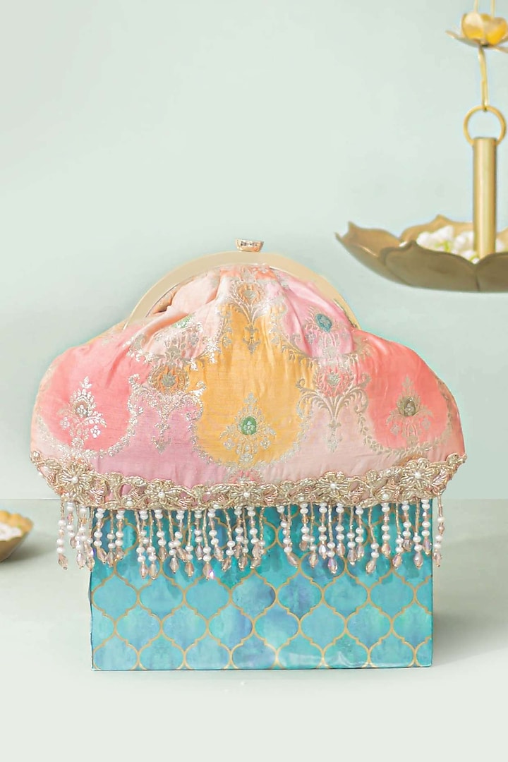 Peach Banarasi Silk Floral Handwork Vintage Purse by AMYRA at Pernia's Pop Up Shop