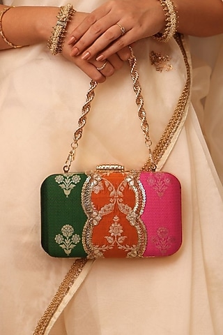 Multi-Colored Pure Silk Floral Zari Motif Work Clutch by AMYRA