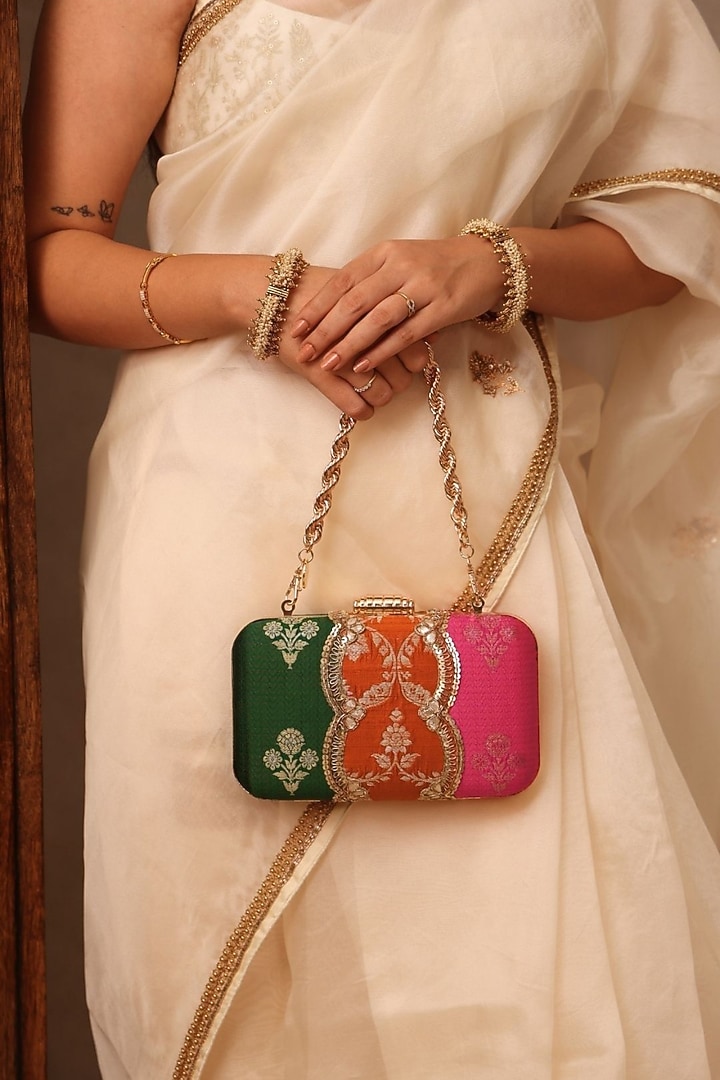 Multi-Colored Pure Silk Floral Zari Motif Work Clutch by AMYRA at Pernia's Pop Up Shop