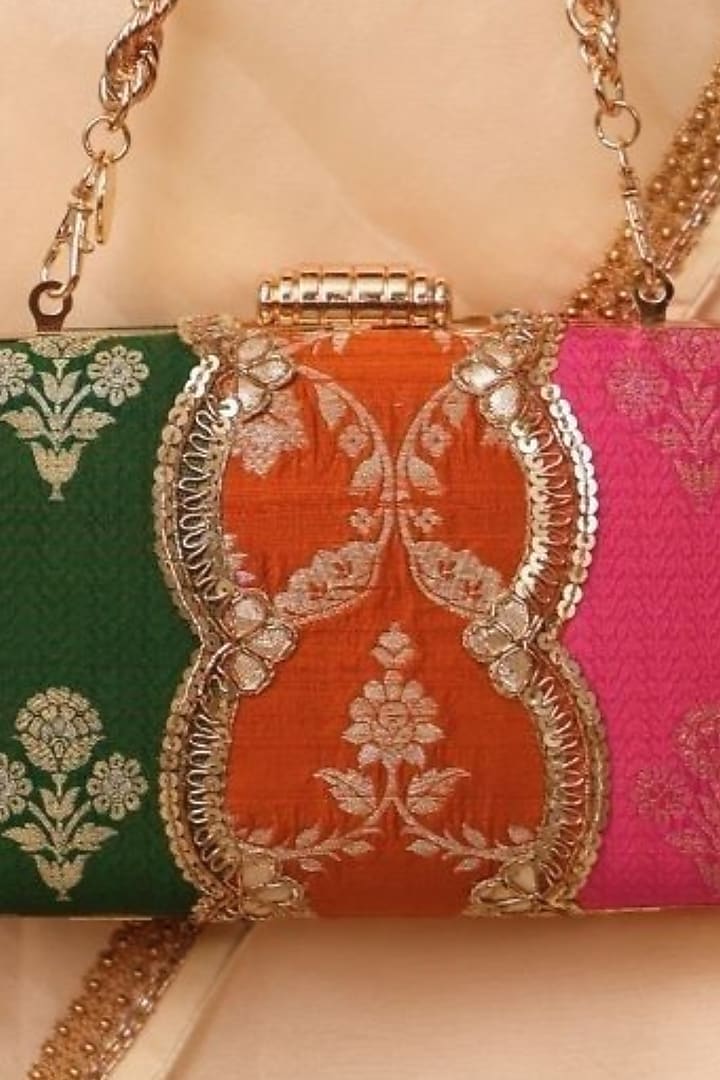 Multi-Colored Pure Silk Floral Zari Motif Work Clutch by AMYRA at Pernia's Pop Up Shop