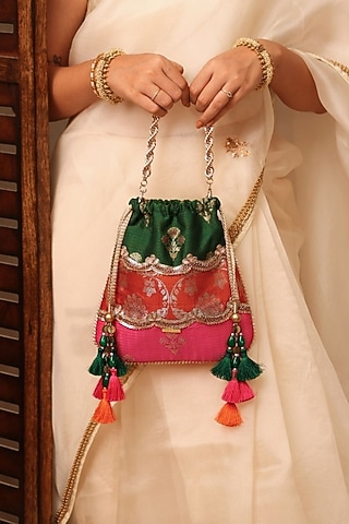 Multi-Colored Poly Silk Beads Embellished Potli by AMYRA