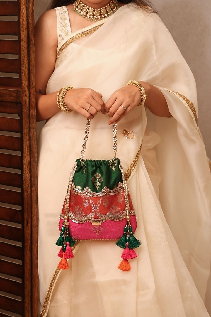Multi-Colored Poly Silk Beads Embellished Potli by AMYRA at Pernia's Pop Up Shop