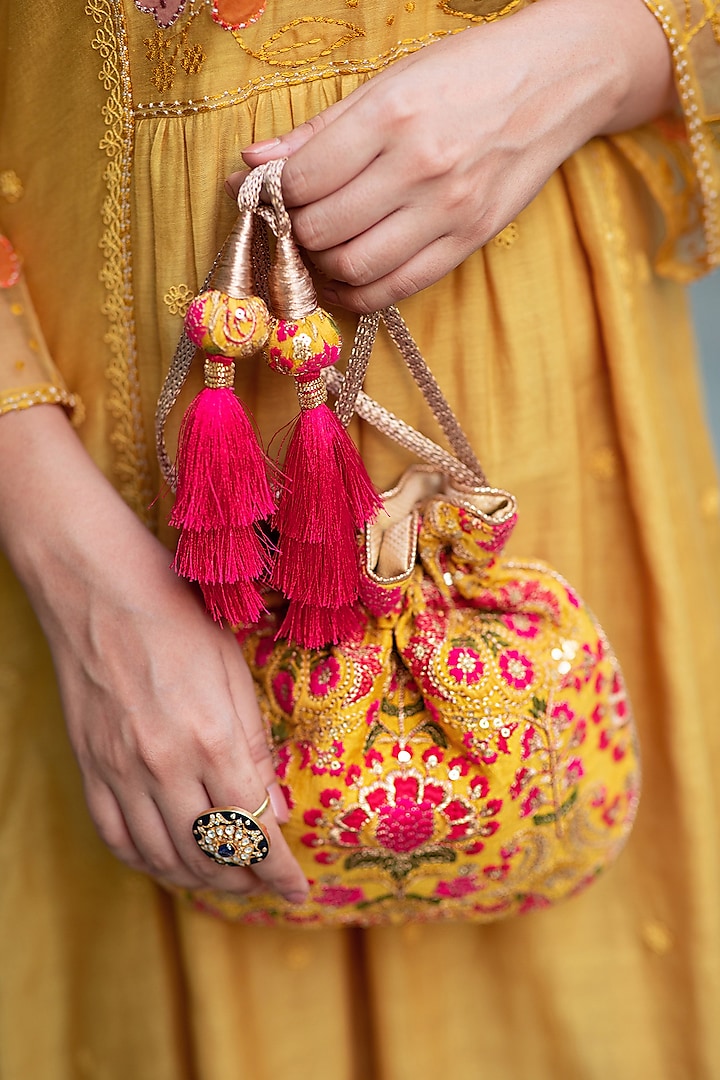 Mustard & Pink Embroidered Potli by AMYRA