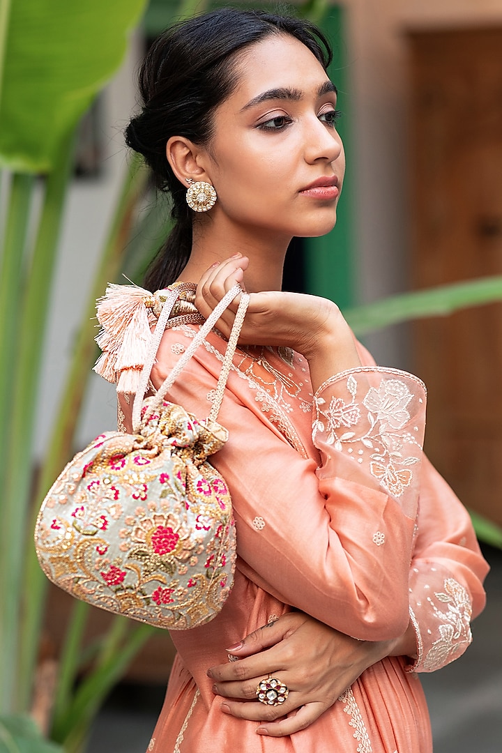 Grey & Peach Embroidered Potli by AMYRA