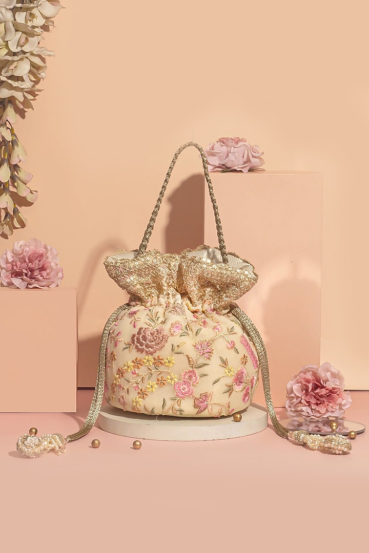 Multi-Colored Georgette Floral Thread Embroidered Potli Bag by AMYRA at Pernia's Pop Up Shop