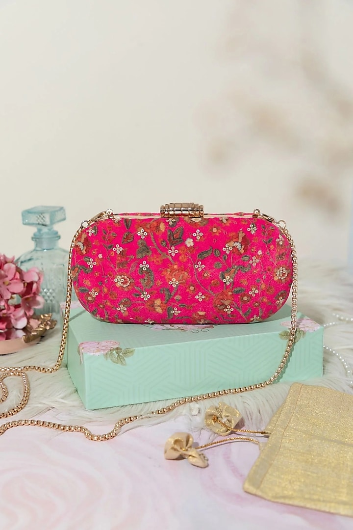 Pink Velvet Floral Printed & Sequins Embroidered Clutch by AMYRA at Pernia's Pop Up Shop