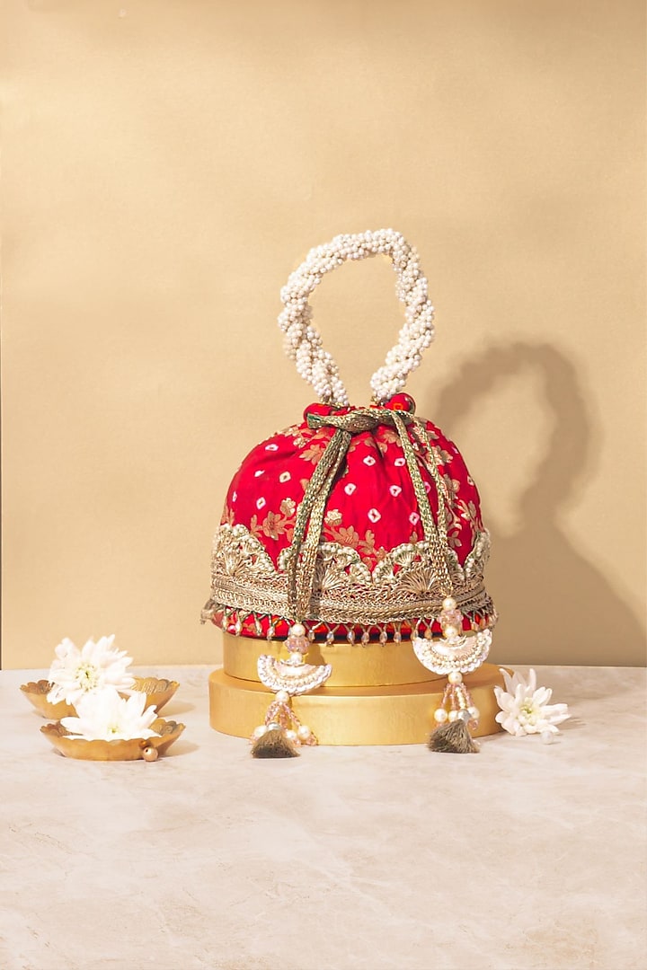 Red Bandhani Silk Bucket Bag by AMYRA at Pernia's Pop Up Shop