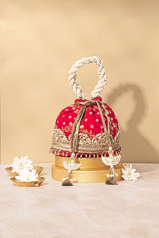 Red Bandhani Silk Bucket Bag by AMYRA